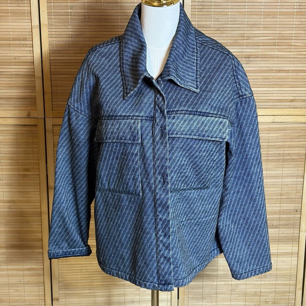 Women’s Blue Stripe Button Up Cargo Pocket Jacket XL Runs Large  Academia Preppi